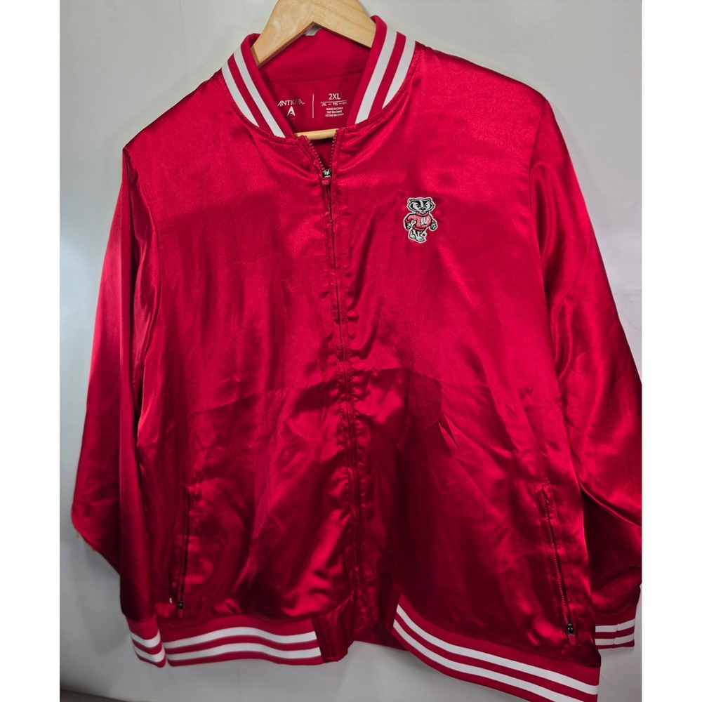 Wisconsin Badgers Antigua Satin Bomber Jacket 2XL Full Zip Red Varsity Bucky
